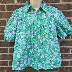 Crown & Ivy Green White Zebra Print Floral Puff Sleeved Shirt Top Blouse Sz M